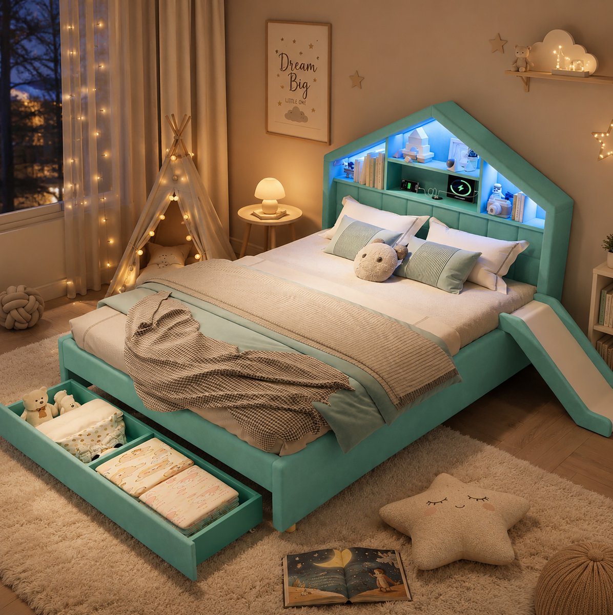 REDOM - Kinderbed - Gestoffeerd huisvormig hoofdbord - Links of rechts monteerbare glijbaan - LED-verlichting en laadpoort - Fluweel - Blauwgroen - 140 x 200 cm