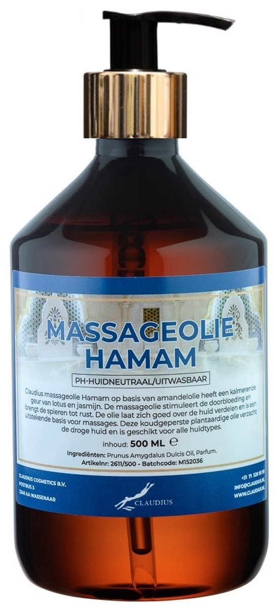 Massageolie Hamam 500 ml met gouden pomp - 100% natuurlijk - biologisch en koud geperst