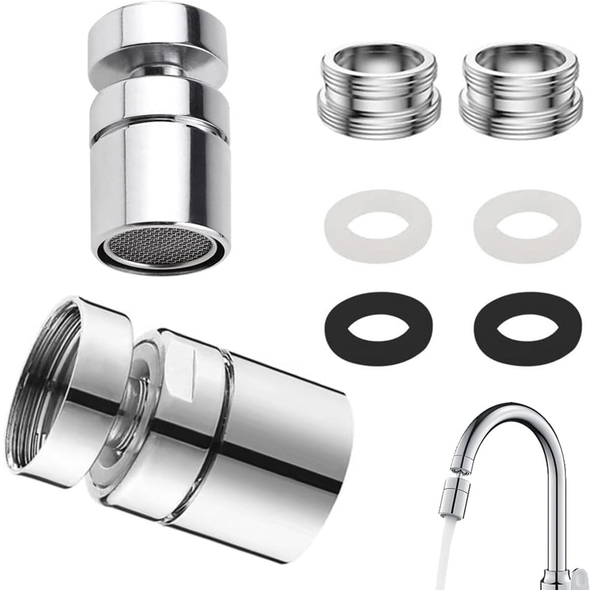 2-delige Set Kraan Perlator - 360° Draaibaar en Waterbesparend - Voor Keuken en Badkamer - Met M24 en M22 Binnendraad Adapter