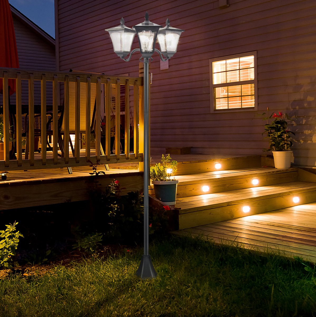 Solar Tuinlantaarnpaal – 3-Lichts LED – 51,5 x 47 x 182,5 cm – RVS – Zwart – IP44 – Tuinpad