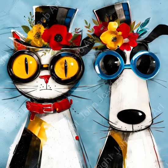Abstract schilderij van een kat en hond met hoeden, bloemen en brillen.