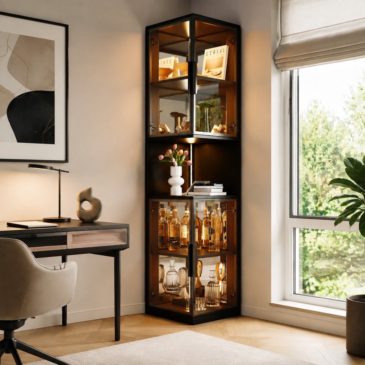 DESMIU Vitrinekast - Kleurenregelbare Ledverlichting En Dubbele Glazen Deuren - Voor Woonkamer - Spaanplaat Glas Spiegel - 42 x 44 x 205 Cm - Zwart