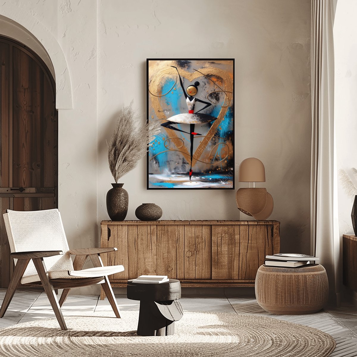 John Joseb Art (Glas) 120x80 | Ballerina danseres, abstract, Kandinsky stijl, kunst, ballet, kleurrijk, dansen, dans, blauw, rood, goud, bruin, modern | Foto-schilderij-glasschilderij-acrylglas-acrylaat-wanddecoratie