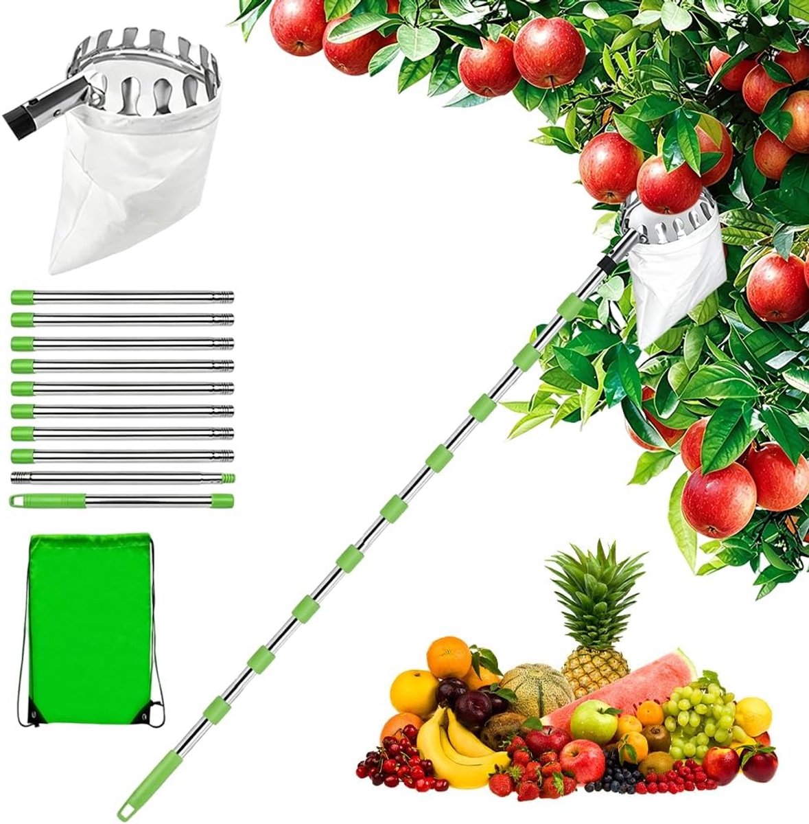 Fruitplukker - Specificatie 4 m - Materiaal roestvrij staal - Voor tuin balkon terras kas camping of buitenruimte - Praktische uitvoering voor onderhoud inrichting en buitengebruik - Ontworpen voor een overzichtelijke toepassing rond huis en tuin