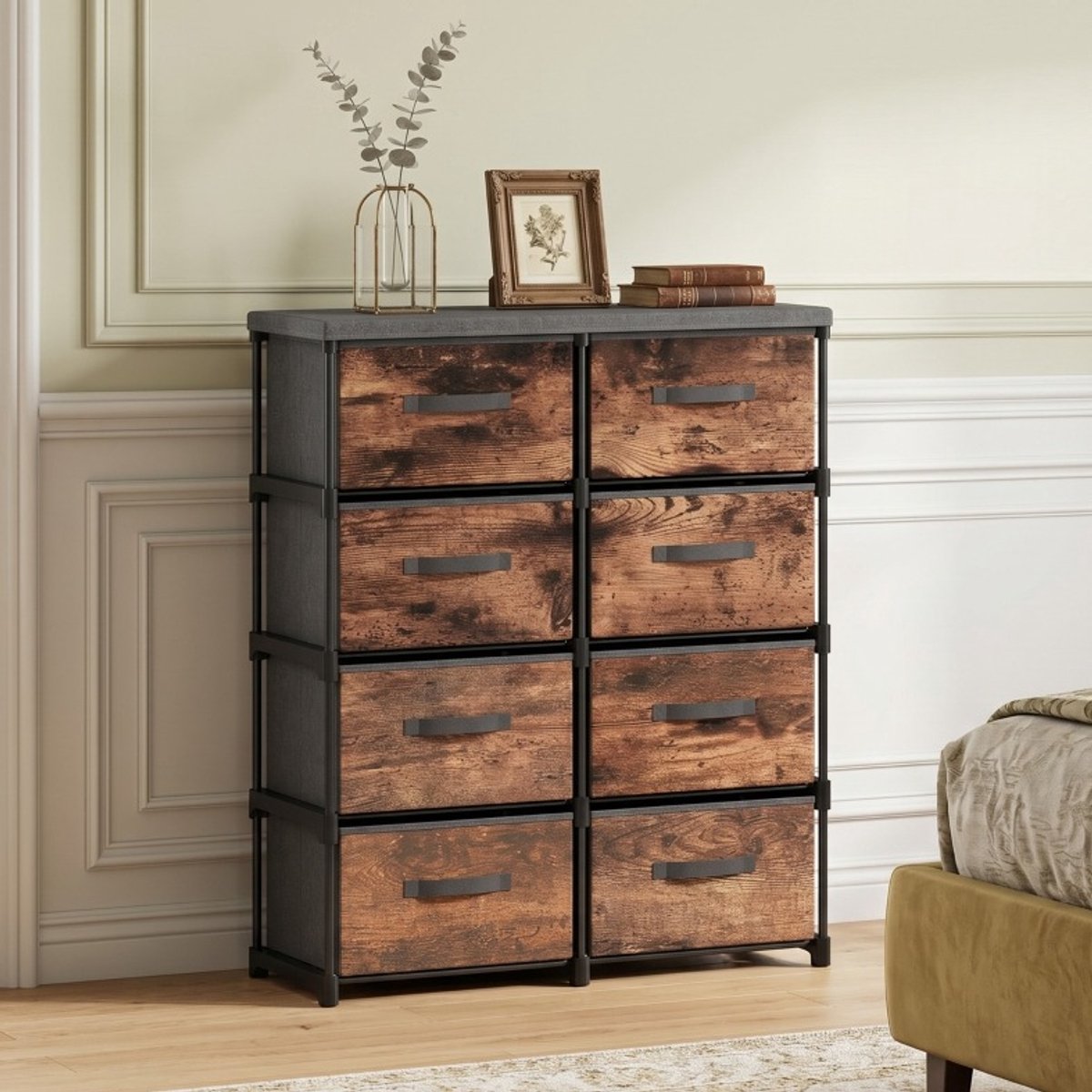 REDOM - Kommode - 8 schubladen - Stoffschubladen - Metalen frame - Kiepbeveiliging - Rustieke houtlook - Slaapkamer, woonkamer en hal - Polyester - Rustiek - 100 x 84,5 x 30,5 cm