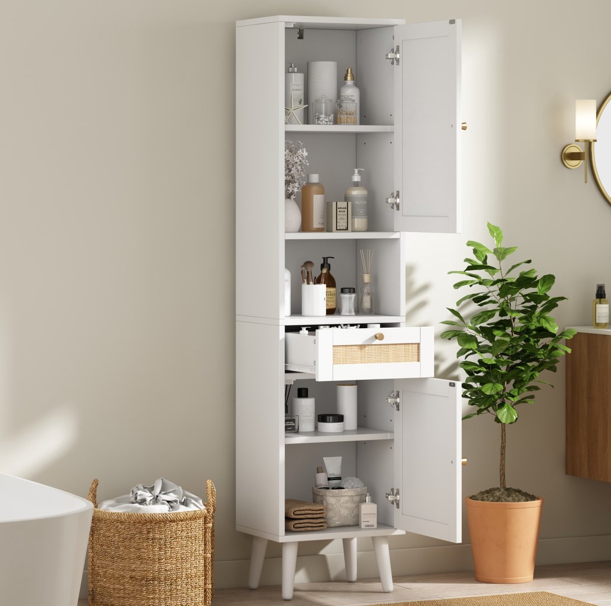 REDOM - Vrijstaande hoge badkamerkast - Rattan-deurstructuur - Wendbare deuren - Soft-Close en lade - Moderne stijl - Badkamer - MDF - Wit - 40 x 30 x 166 cm