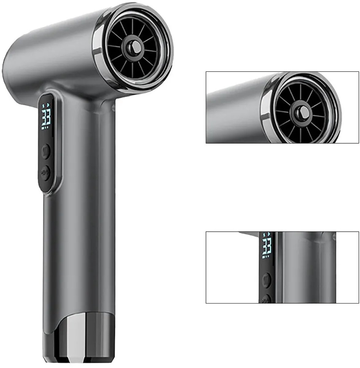 Draadloze föhn, draagbare föhn met led-display, 100.000 toeren per minuut, 18W snelladen, 200W vermogen, 15600mAh batterij, grijs.