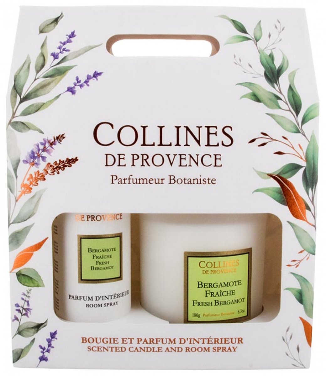 Collines de Provence Geschenkset Interieurparfum Duo 100 ml + Geurkaars 180 g (Geur : Verse Bergamot)