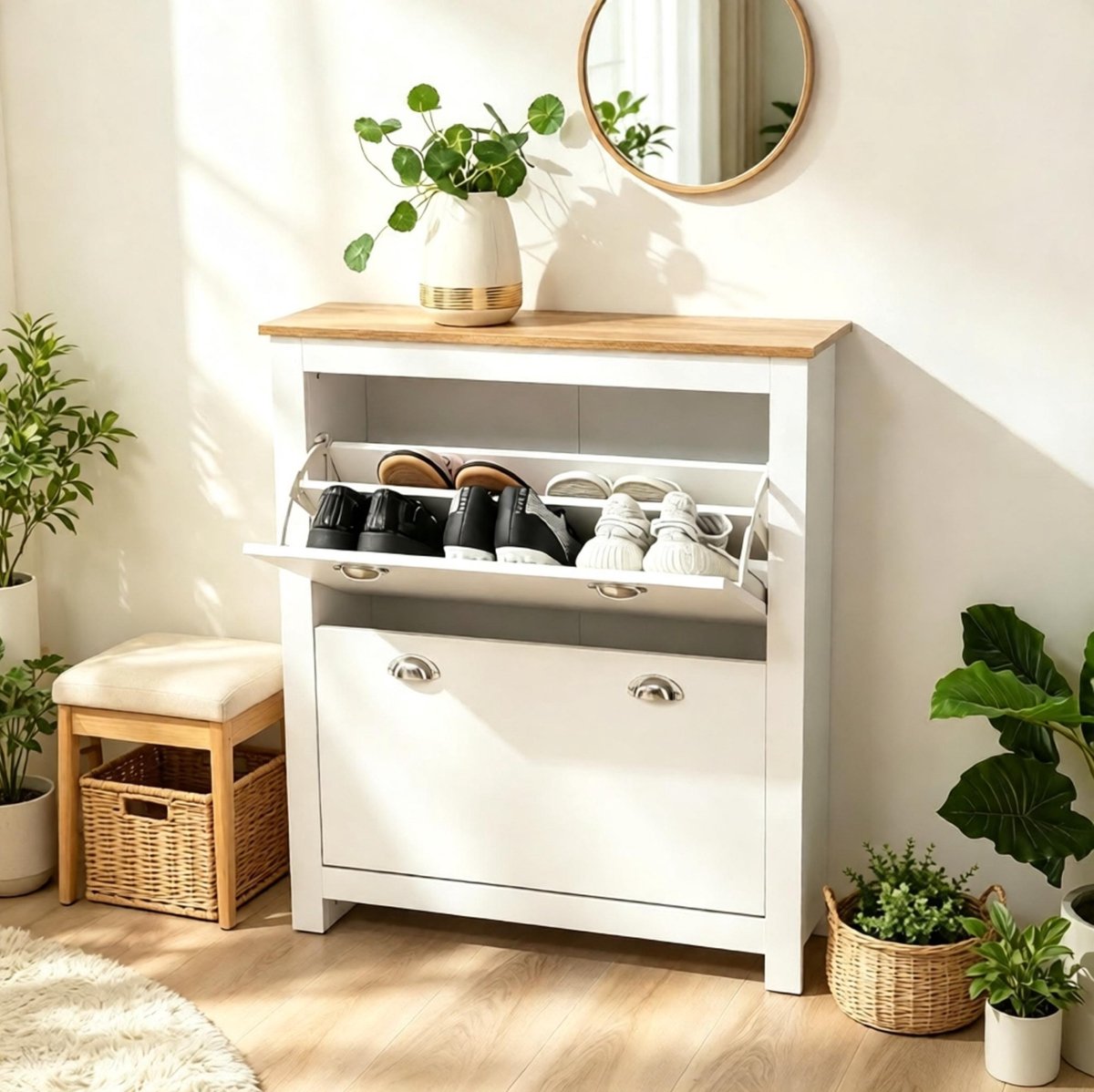 REDOM - Schoenenkast - Twee kleppen met verstelbare legplanken - Melamine coating - Moderne stijl - MDF - Eikenkleur en Wit - 79 x 23 x 90,5 cm