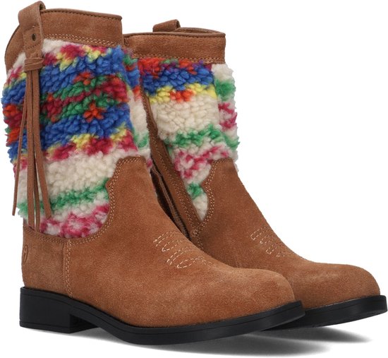 Bruine suède laarsjes met multicolor gebreide schacht, franjes en stiksels.