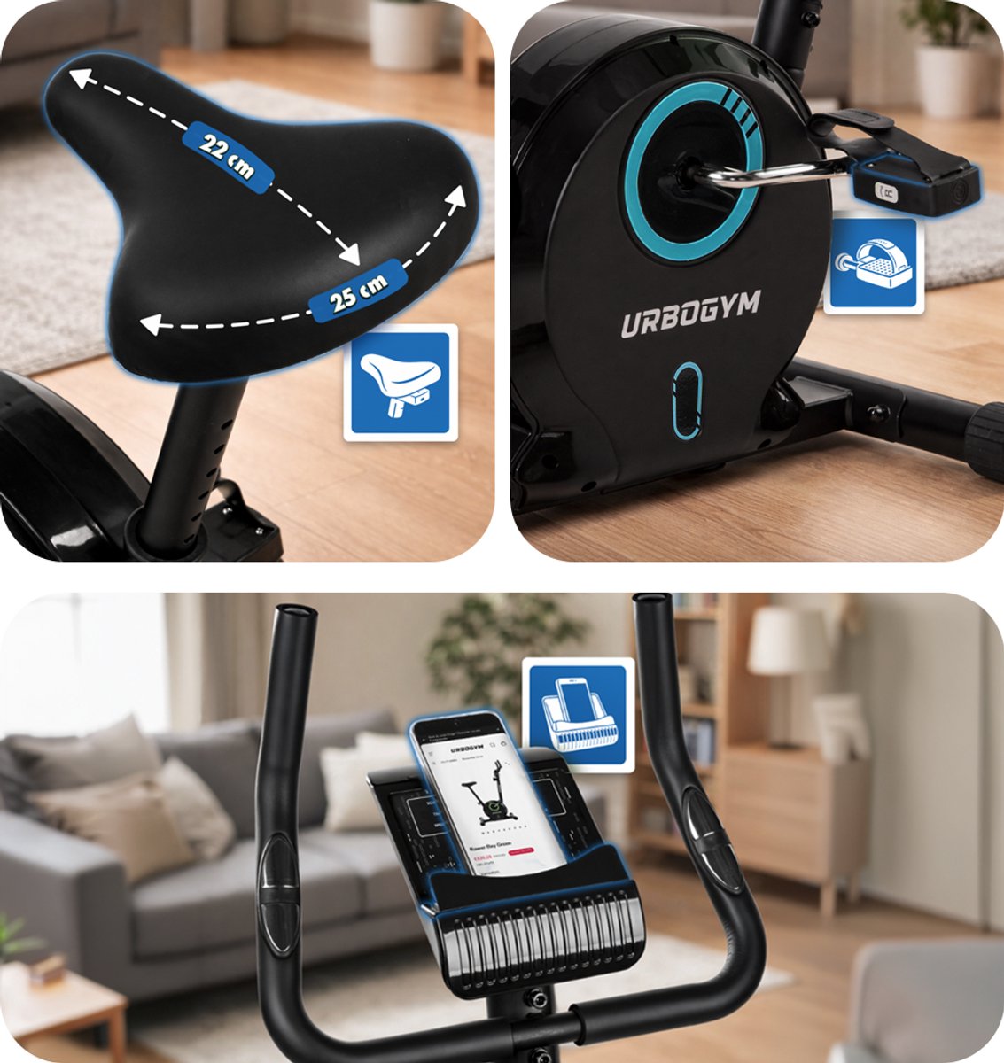 URBOGYM BAY BLUE Hometrainer - Magnetische Fitnessfiets - 8 Weerstandsniveaus - Vliegwiel 3 kg - Max. 110 kg - Blauw thumbnail 3