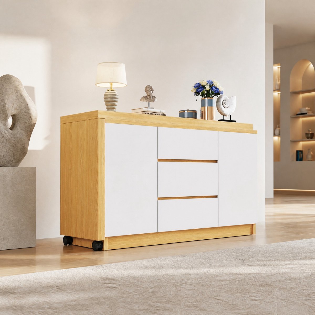 DESMIU Bureau - Draaibaar Tafelblad Met Vergrendelbare Wielen - Werkplek Kaptafel Of Dressoir - Spaanplaat - 120x50x76,5 Cm - Wit Eiken