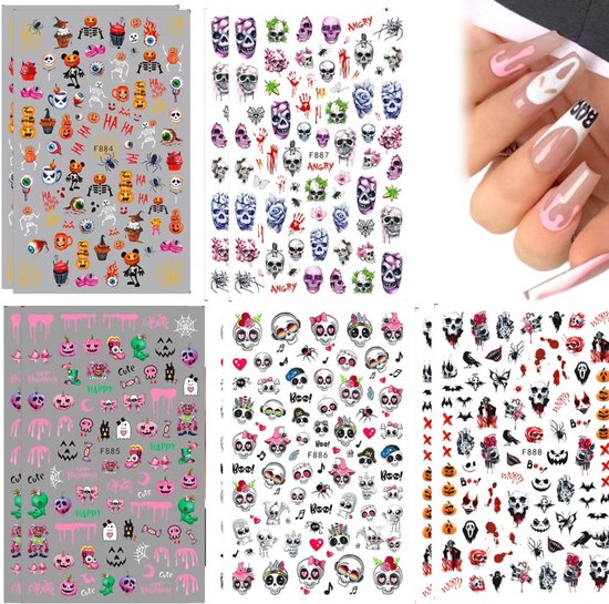 Verschillende Halloween nail art stickers met pompoenen, skeletten, schedels en spoken.