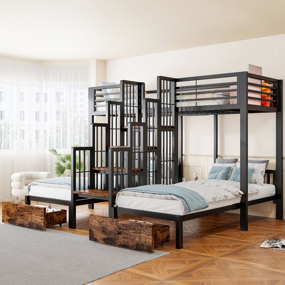 STILVORA Stapelbed 90 x 200 cm – 3-Persoonsbed Met Centrale Trap – Veiligheidshekken – Twee Bedladen – Voor Kinderen – Metaal – Zwart – Zonder Matras