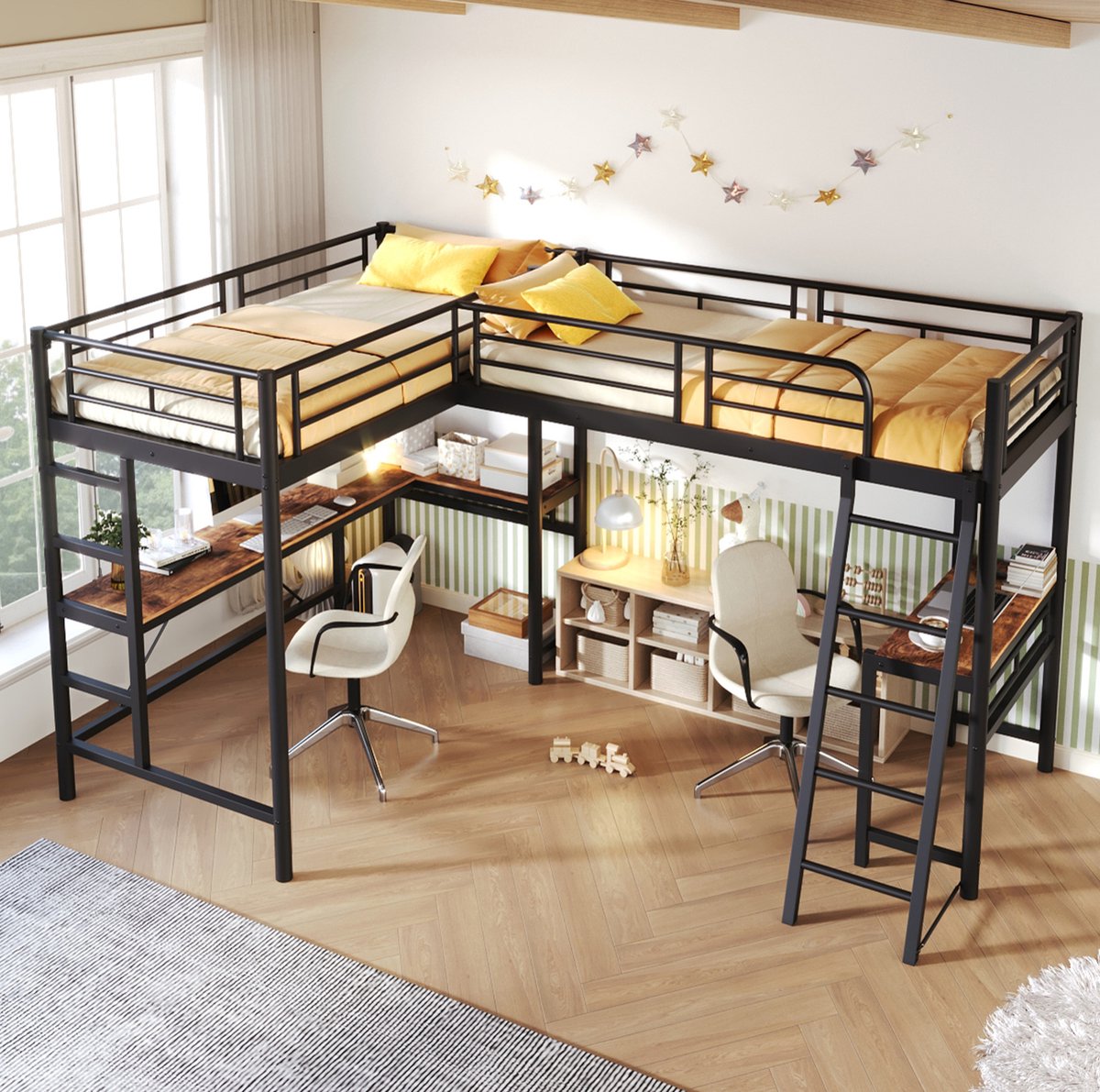 STILVORA Hoogslaper 90x200 cm – Met Bureau & Dubbele Trap – Hoge Valbeveiliging – Voor Kinderen – Metaal en MDF – Zonder Matras – Zwart