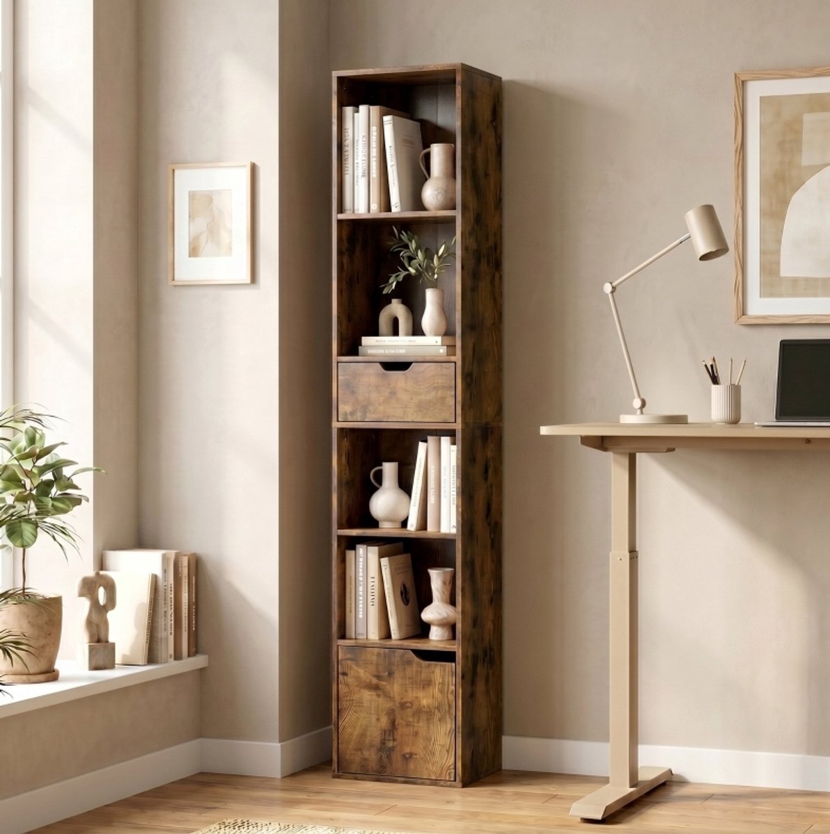 REDOM - Boekenkast - 6 niveaus - Verstelbare plank - Lade en kastdeur - Retro stijl - Spaanplaat - Bruin - 30 x 24 x 158 cm