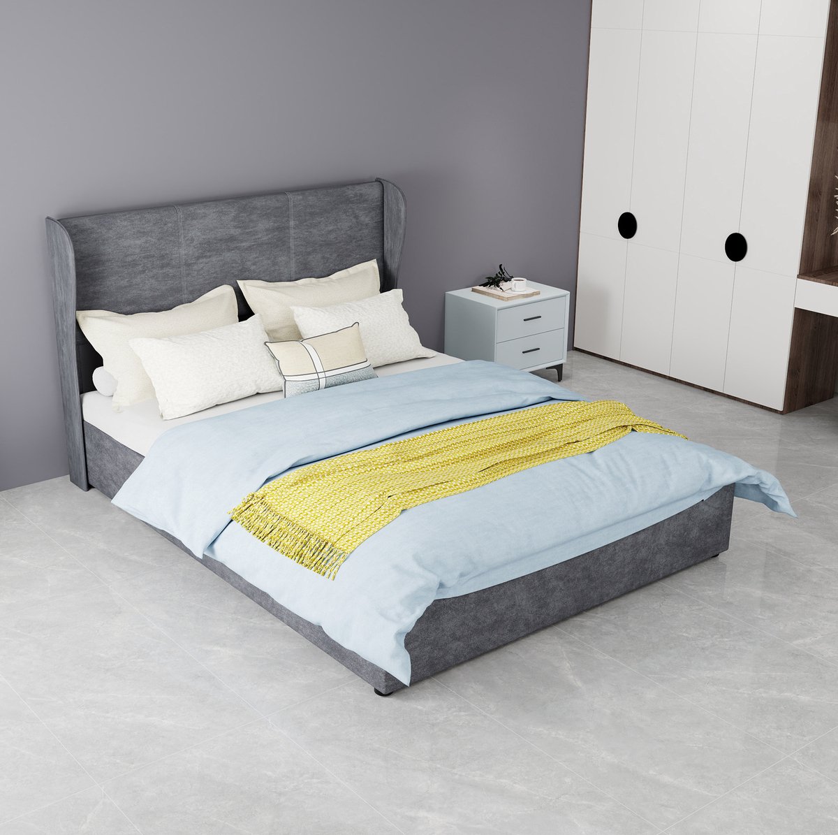 REDOM - Bedframe - Gestoffeerd hoofdbord - Opbergruimte met gaslift - Moderne stijl - Slaapkamer - Stof en hout - Grijs - 140 x 200 cm
