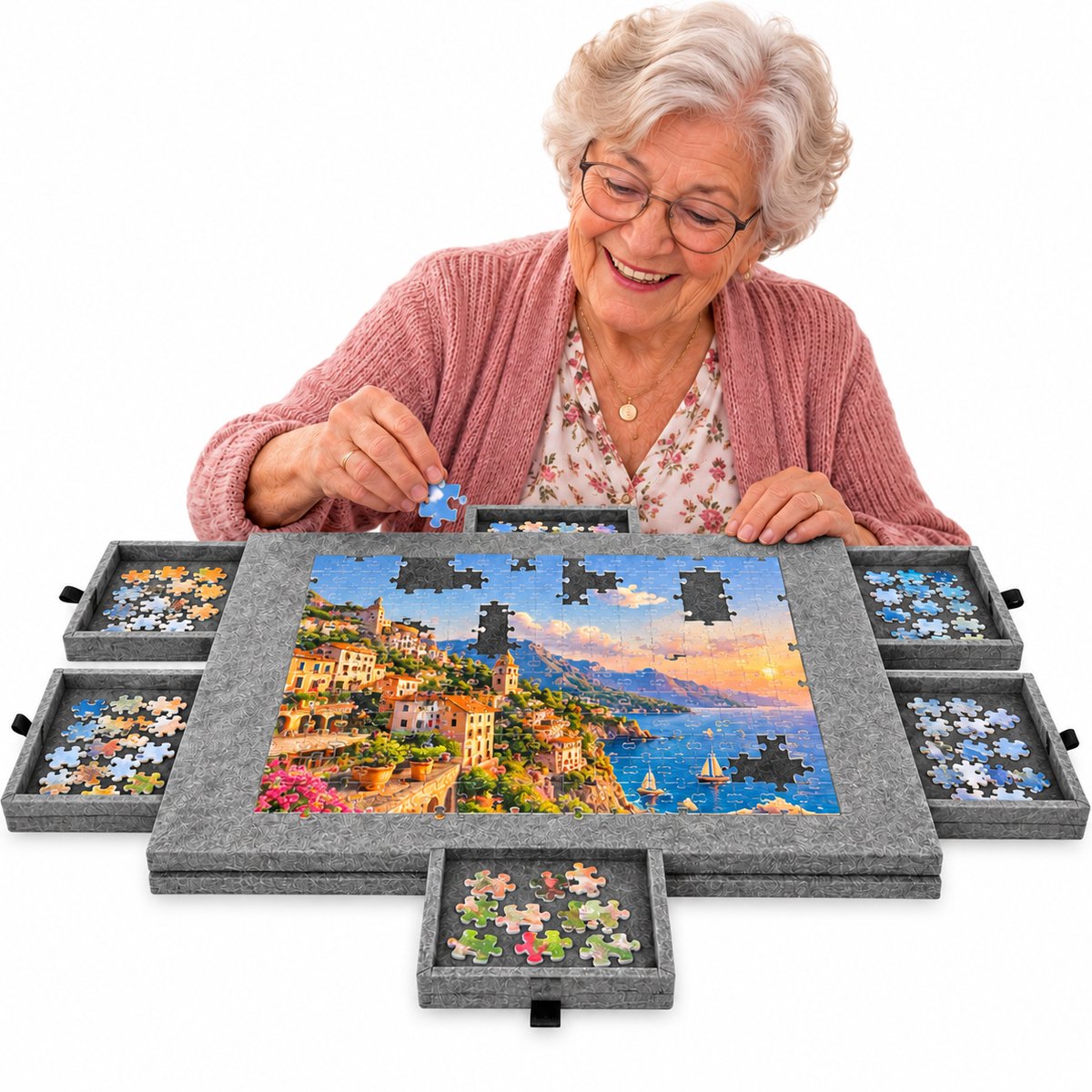 Currero Puzzeltafel Met Lades 1000 Stukjes - Puzzelbord - Puzzelmat - Opbergsysteem - Vilt - Met Deksel - Legpuzzel Accessoires - 1000 Pcs Grijs
