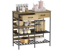 J&R Buffetkast Industrieel – Licht Eiken/Zwart – Keukenkast met 2 Laden en 3 Open Planken – Dressoir met Stalen Frame – 90 × 40 × 91 cm
