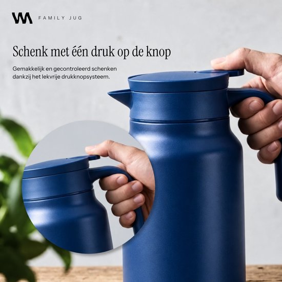 VANN® 3-wandige RVS Thermoskan 1.5L – Isoleerkan – Schenkkan met Drukknop – Voor Koffie, Thee, IJswater & Meer – VANN® Family Jug – Dark Blue — cadeau in Koken & Dineren - foto 6