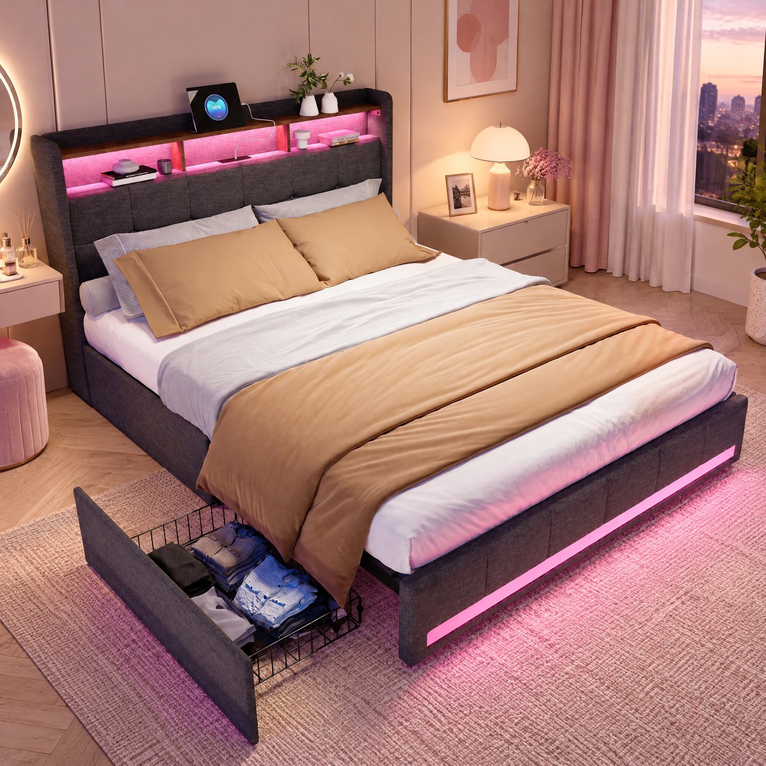 MEXUS Bed 140x190 cm, LED-hoofdbord met opbergvak en 2 USB-poorten, Tweepersoonsbed met 4 lades en lattenbodem, bedframe voor tieners, Linnen Grijs