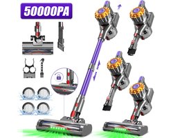 Fukstern Steelstofzuiger Draadloos – 50 kPa Sterke Zuigkracht – Tot 60 Min Accuduur – Anti-haarwikkel Vloerborstel – Inclusief 4 HEPA-filters – 1,6L Stofreservoir – Groene LED Stofdetectieverlichting – Paars