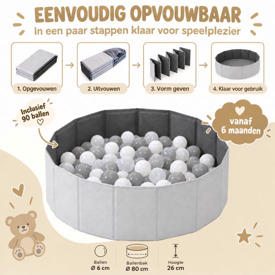 Icom - Ballenbak Baby - Ballenbad met 90 Ballen - Ø 80 cm - Opvouwbare Ballenbak - Speelgoed vanaf 6 Maanden - Grijs — afbeelding 2