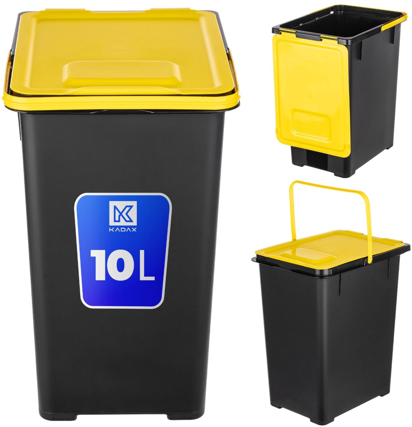 KADAX afvalemmer 10 liter met geel deksel en draaggreep, afvalbak voor het scheiden van plastic en metaal, rechthoekige afvalbak voor in de keuken en het huishouden (zwart/geel, zonder opdruk)