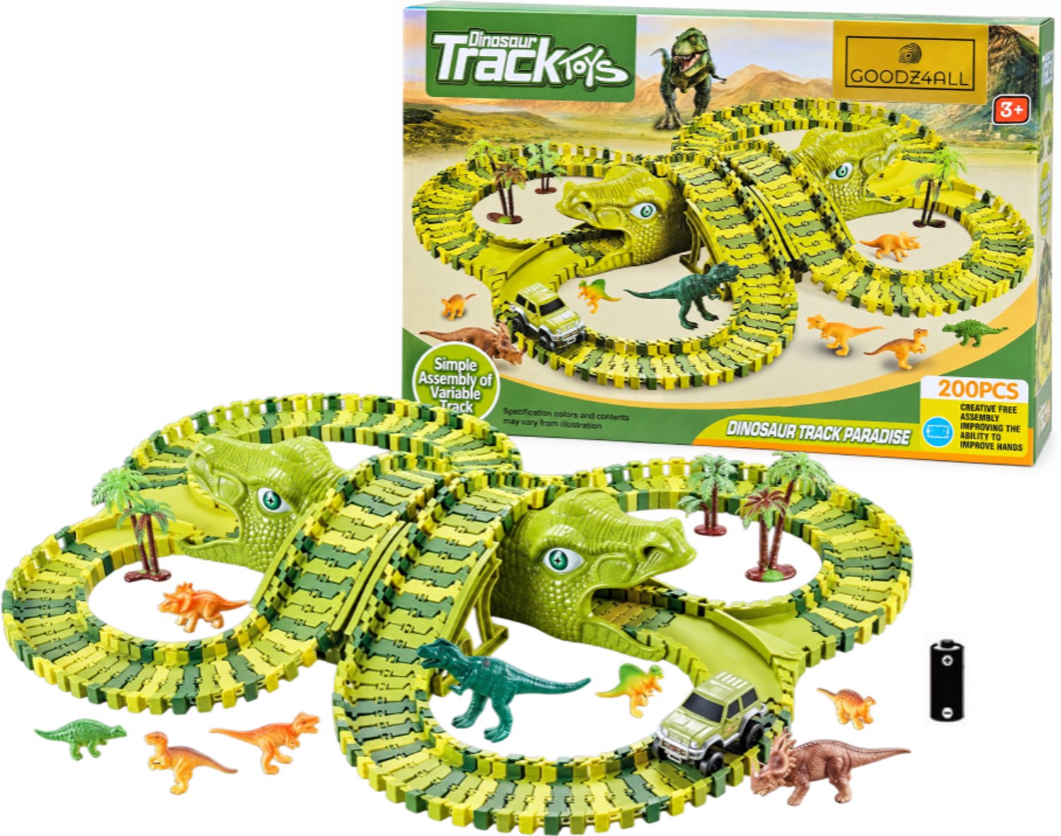 Goodz4All Dino Autobaan Speelgoed Dinosaurus Speelgoed Flexibele Racebaan Elektrisch voor Kinderen met Batterij en Dinosaurussen Speelfiguren - Eenvoudig te Monteren - Eindeloos Combineren - Veel Speelplezier