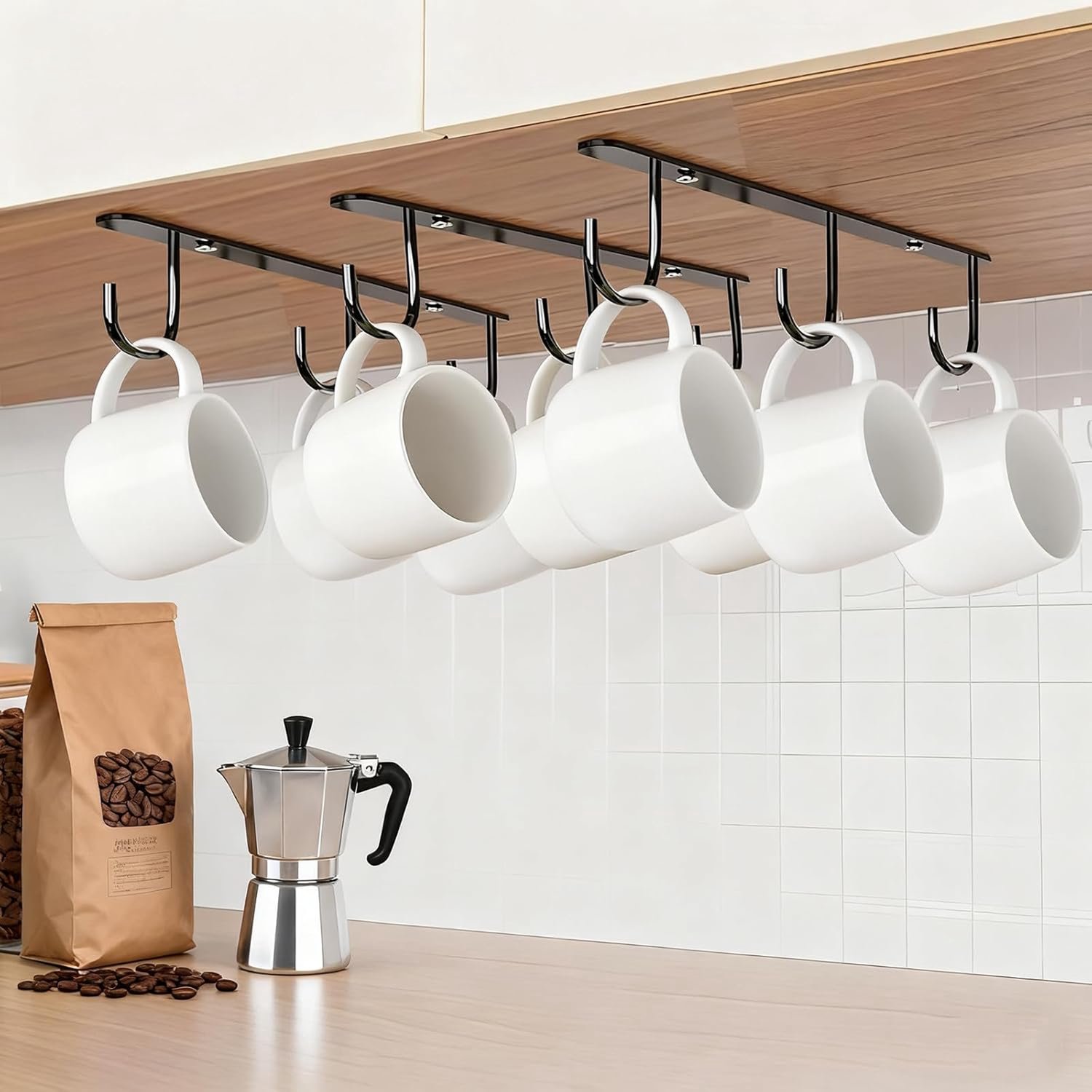 Famanu – Bekerhouders set van 3 stuks voor onder de kast, opberghaken voor bekers en kopjes, 12 kopjeshaken voor het rek, koffiekophouder om op te hangen, zwart