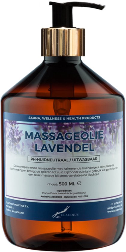 Bruine fles massageolie van 500 ml met een gouden pomp en lavendel etiket.