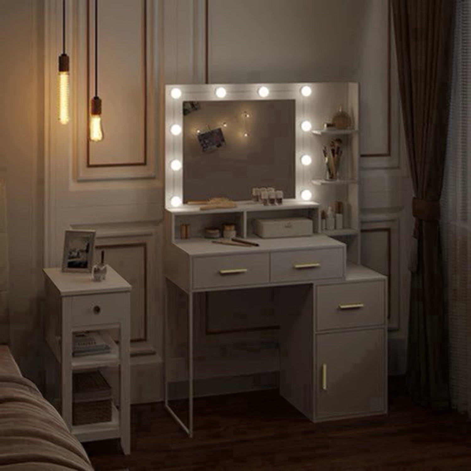 Kaptafel - Make-up Tafel - Kaptafel met spiegel en verlichting - Verstelbare - Helderheid - 10 LED - 1 Tafelblad - 2 Lades - 1 Opbergvak - 3 Planken - 90x143x39.5 cm - Wit