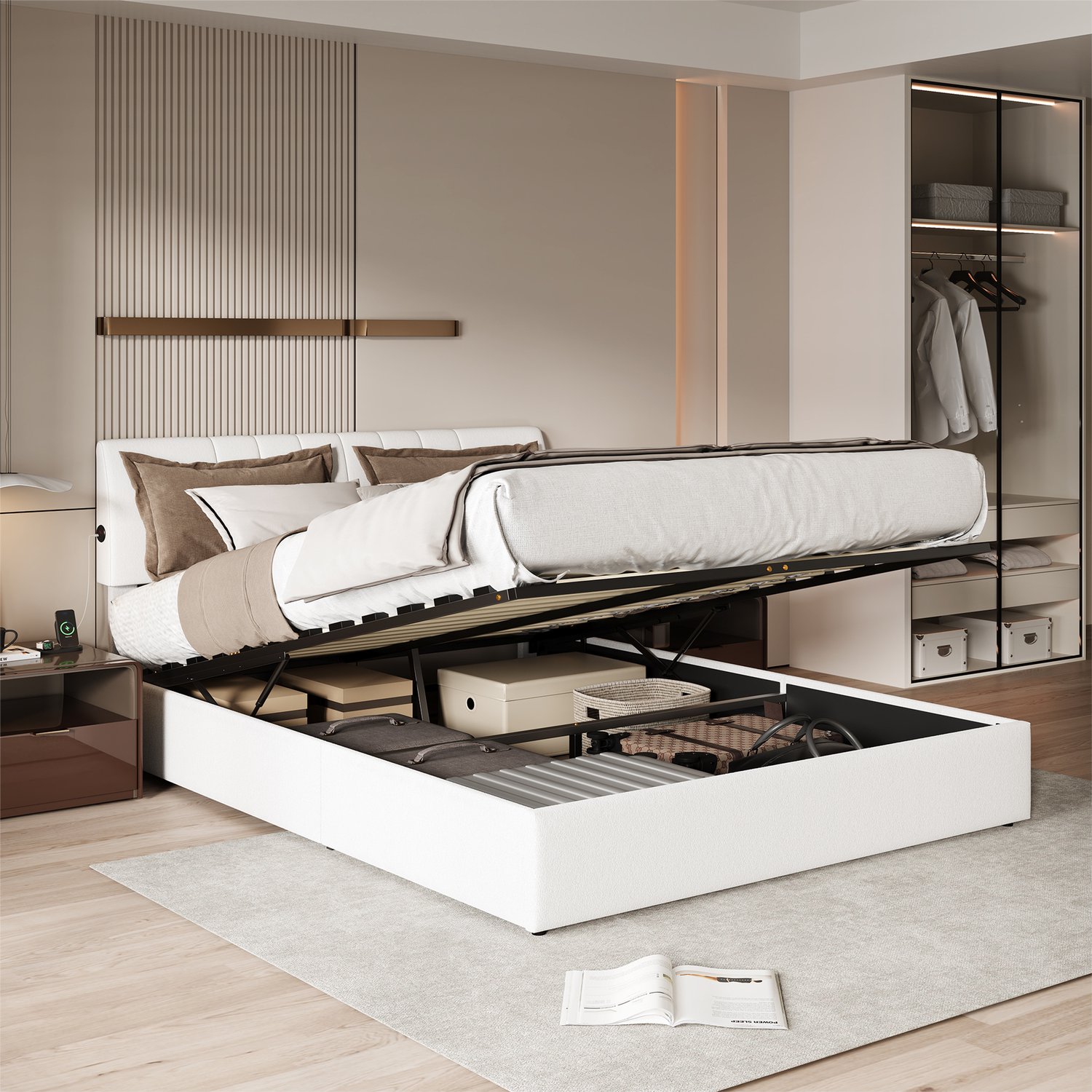 ROSAHQNDA Volwassen bed 140x190 cm, tweepersoonsbed met gestoffeerd hoofdbord en lattenbodem, zacht teddy stof, gebroken wit, zonder matras