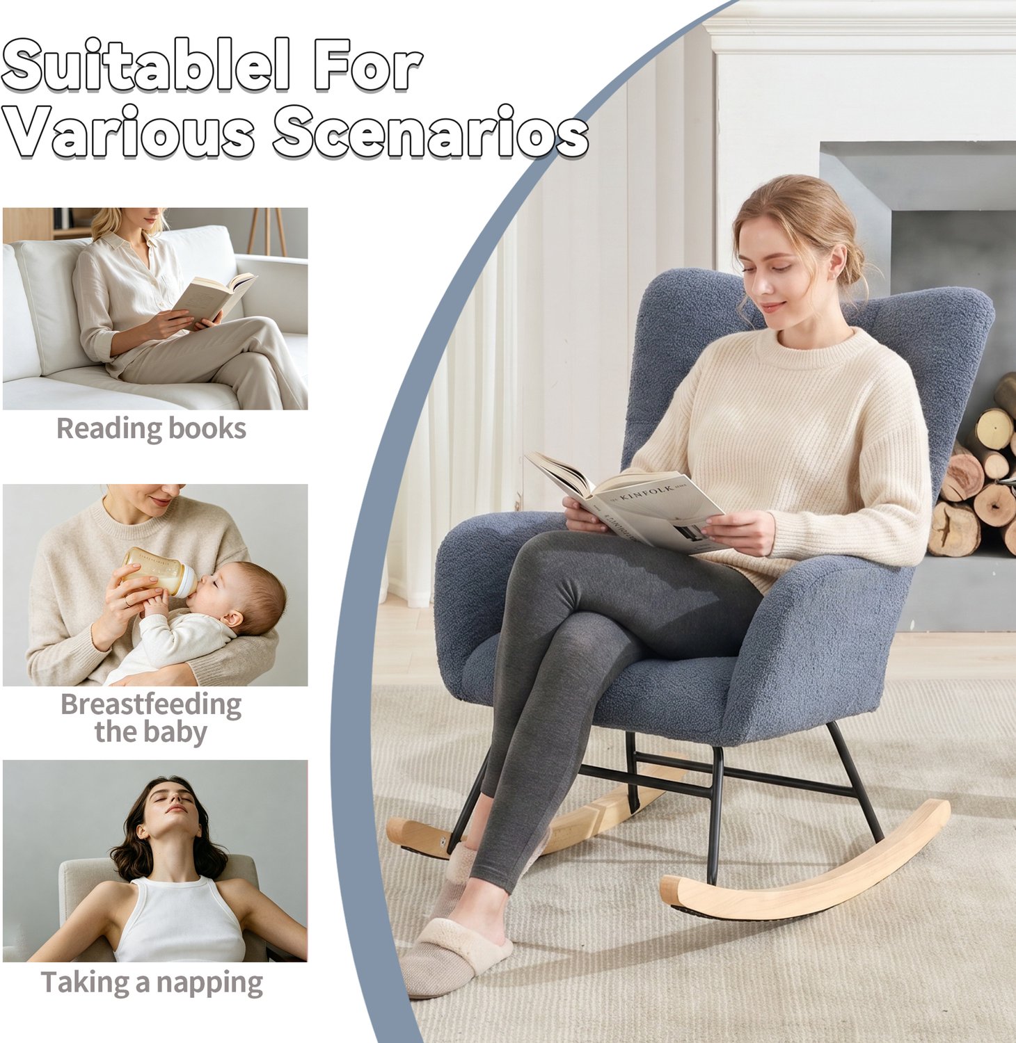 Schommelstoel 64 Cm - Ergonomische Fauteuil Met Armleuningen En Zijvak - Voor Woonkamer, Slaapkamer En Babykamer - Teddystof Marineblauw