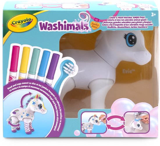 Crayola Washimals jumbo Evie paardje, wit met grote blauwe ogen, in verpakking met stiften en borsteltje.