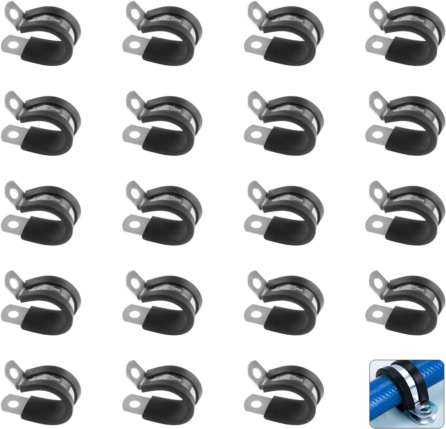 Roestvrijstalen Slangklemmen Set van 20 Stuks met Rubber Inleg - 20mm, Duurzaam en Verstelbaar