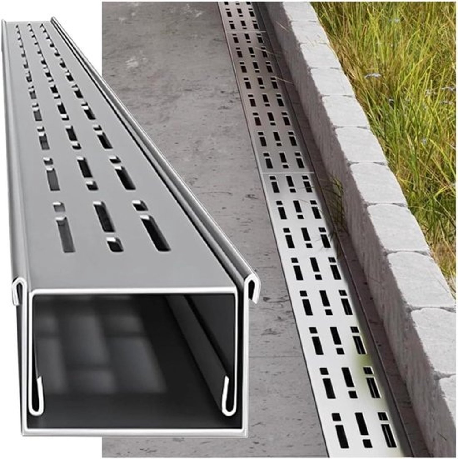Afwateringsgoot - Drainagesysteem - voor terras - Waterafvoer - voor buiten - Roestvrij staal 304 - 100 cm - Zilver