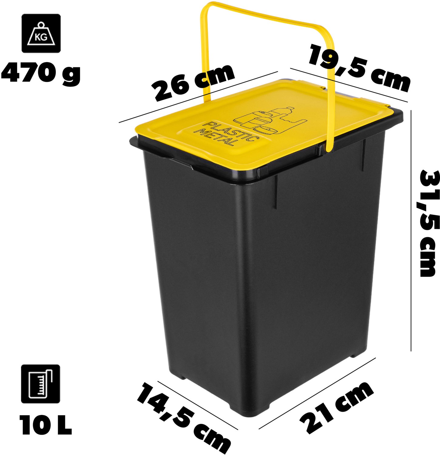 KADAX afvalscheidingssysteem, set van 4, 4 x 10 l afvalbakken met deksel en handvat, afvalbakken voor afvalscheiding, afvalbakken voor organisch afval, glas, plastic, metaal en restafval (bruin/geel/groen/zwart, met opdruk)