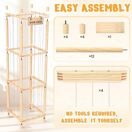 3-Laags Houten Knuffelopberger - Knuffel Dierentuin Opbergrek met Elastische Touwen - Speelgoed Organizer Kinderkamer - Natuurlijk Hout — afbeelding 4