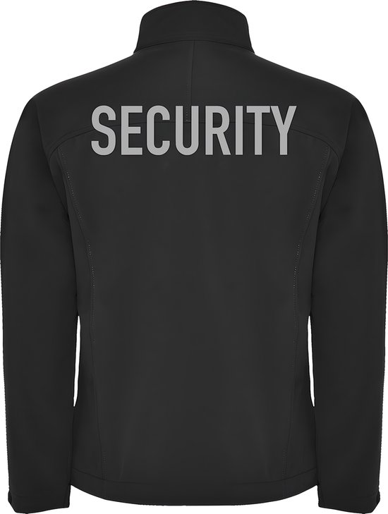 Zwarte softshell jas met 'SECURITY' in grijze letters op de rug.