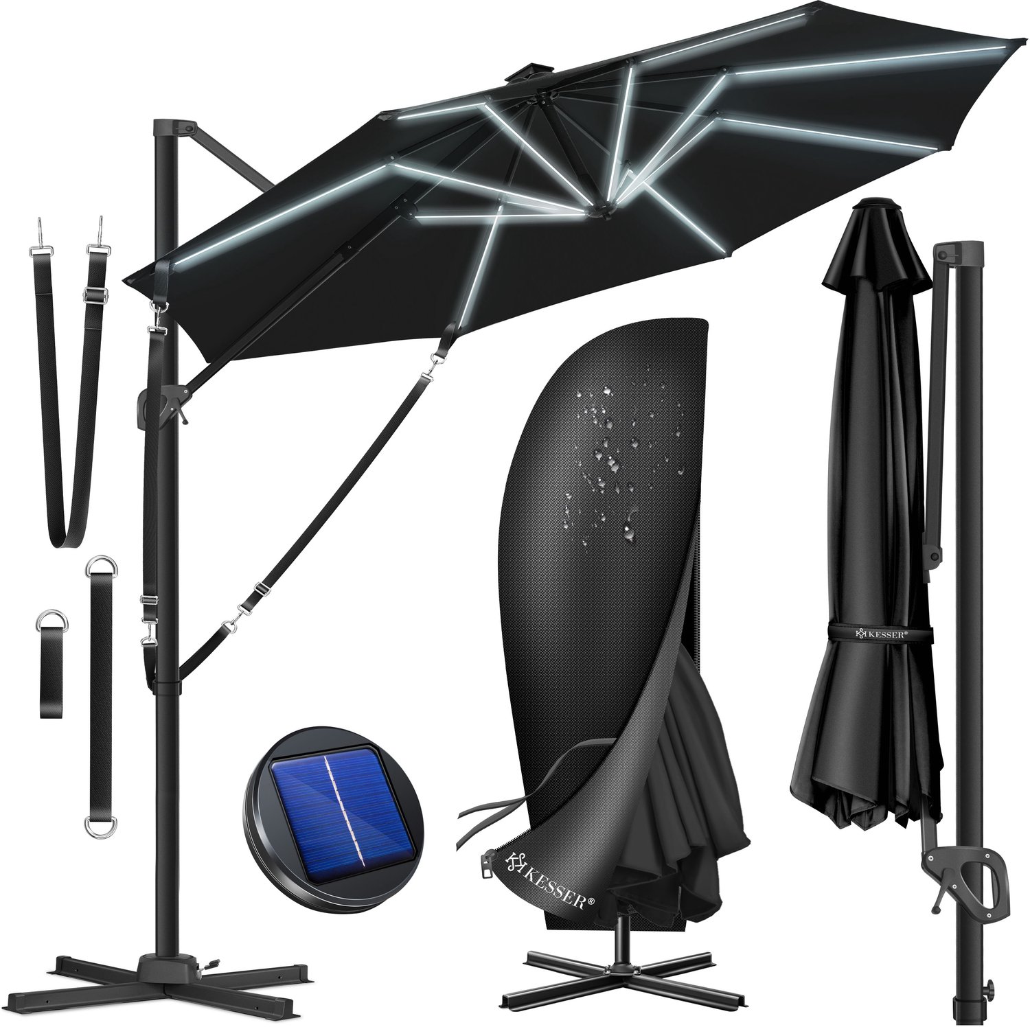 KESSER® Zweefparasol SUN XL Ø330 cm - 7-standen, 360° draaibaar, UV50+ - Zwart, Met LED