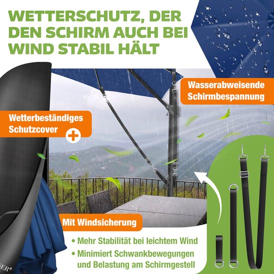 Donkerblauwe zweefparasol met waterafstotende stof, weerbestendige beschermhoes en windzekering.