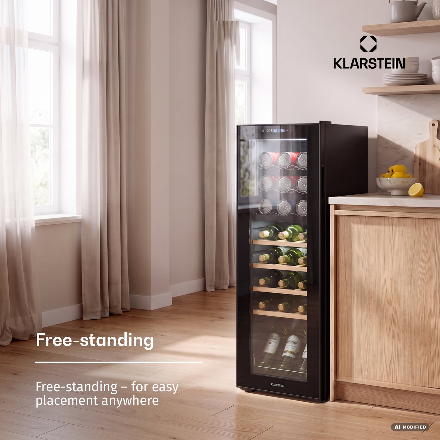 Klarstein Wijnkoeler Vrijstaande Wijnkoelkast voor 27 Flessen – Drankkoelkast met 2 Koelzones & Energiezuinige Compressor, Ideaal voor Wijnliefhebbers - 74L 48 cm - 2 Zones Touch UV-Bescherming Houten Schappen - Wijnklimaatkast – foto 7
