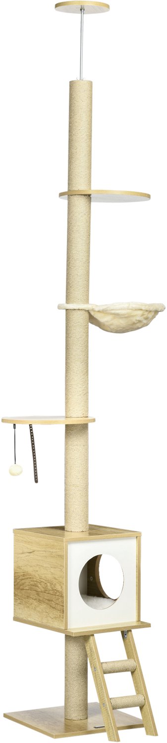 Pawona Deckenhoge krabpaal met kattenhuis, hangmat en ladder - 40 x 40 x 240-260 cm - Lichtbruin/Beige