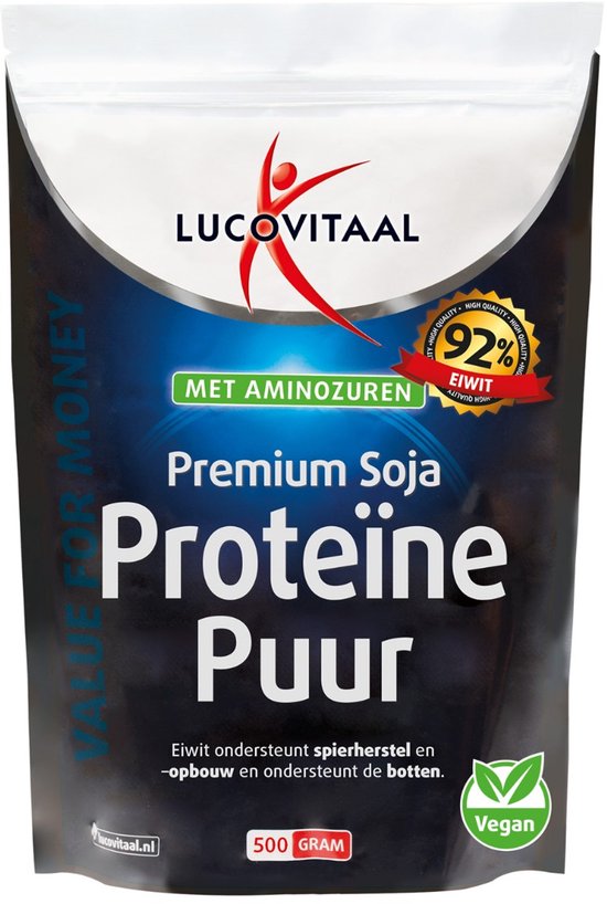 Grijze verpakking van Lucovitaal met 'Premium Soja Proteïne Puur' en 500 gram vermelding.