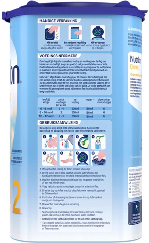 Blauwe Nutrilon Omneo 2 verpakking met instructies voor bereiding en dosering.