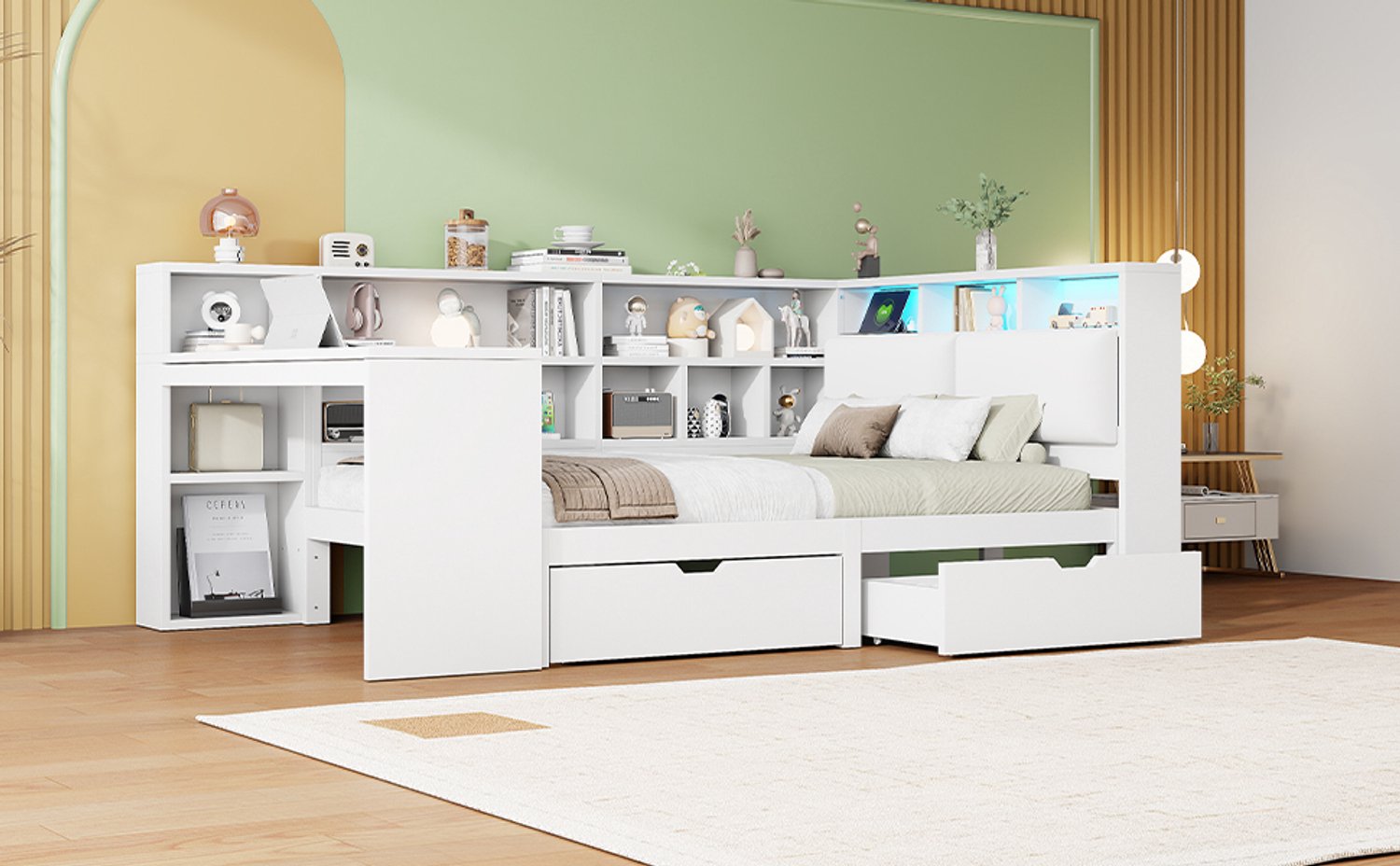 MUVANO L-vormig bed 140x200 - Houten platformbed met bureau - Open boekenkast - Laden en LED-verlichting - Wit - Voor compacte slaapkamers
