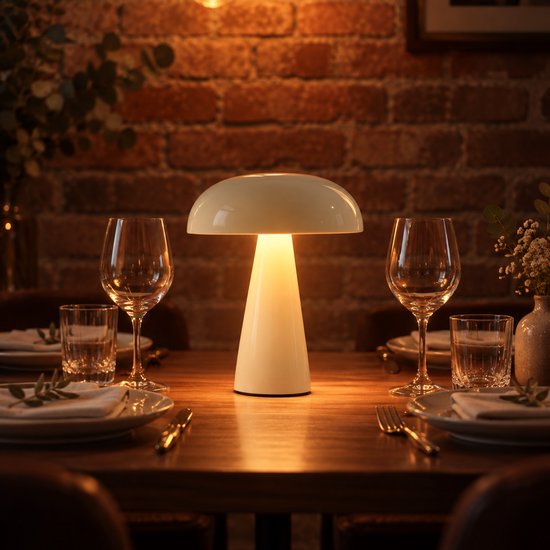 Verlichte crèmekleurige paddenstoelvormige tafellamp op een gedekte eettafel met servies en wijnglazen.