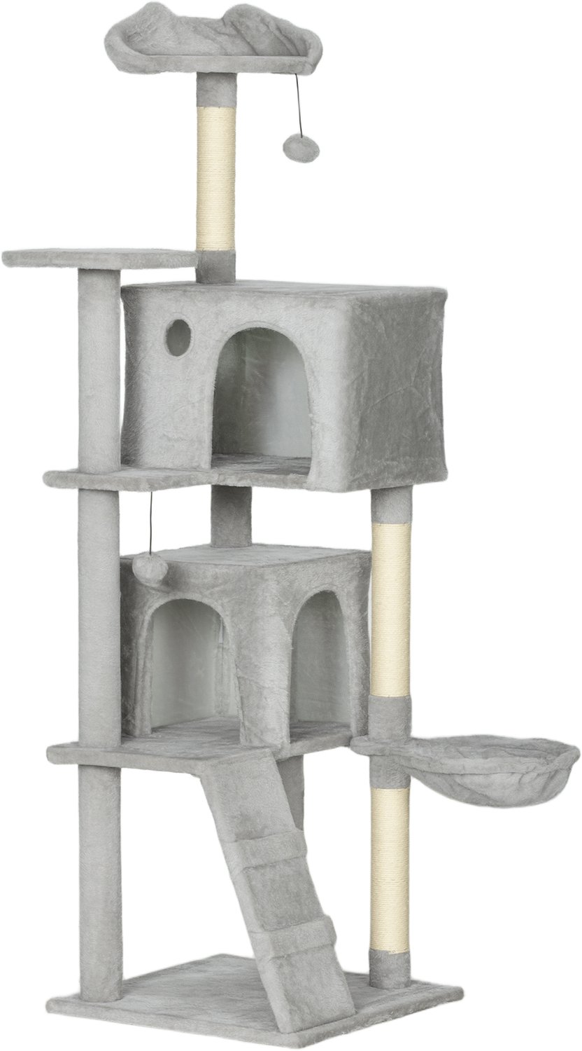 Pawona Krabpaal - Met ligplekken, krabpalen, slaaphol, hangmat en ladder - 48 x 48 x 160 cm - Lichtgrijs/Crèmewit
