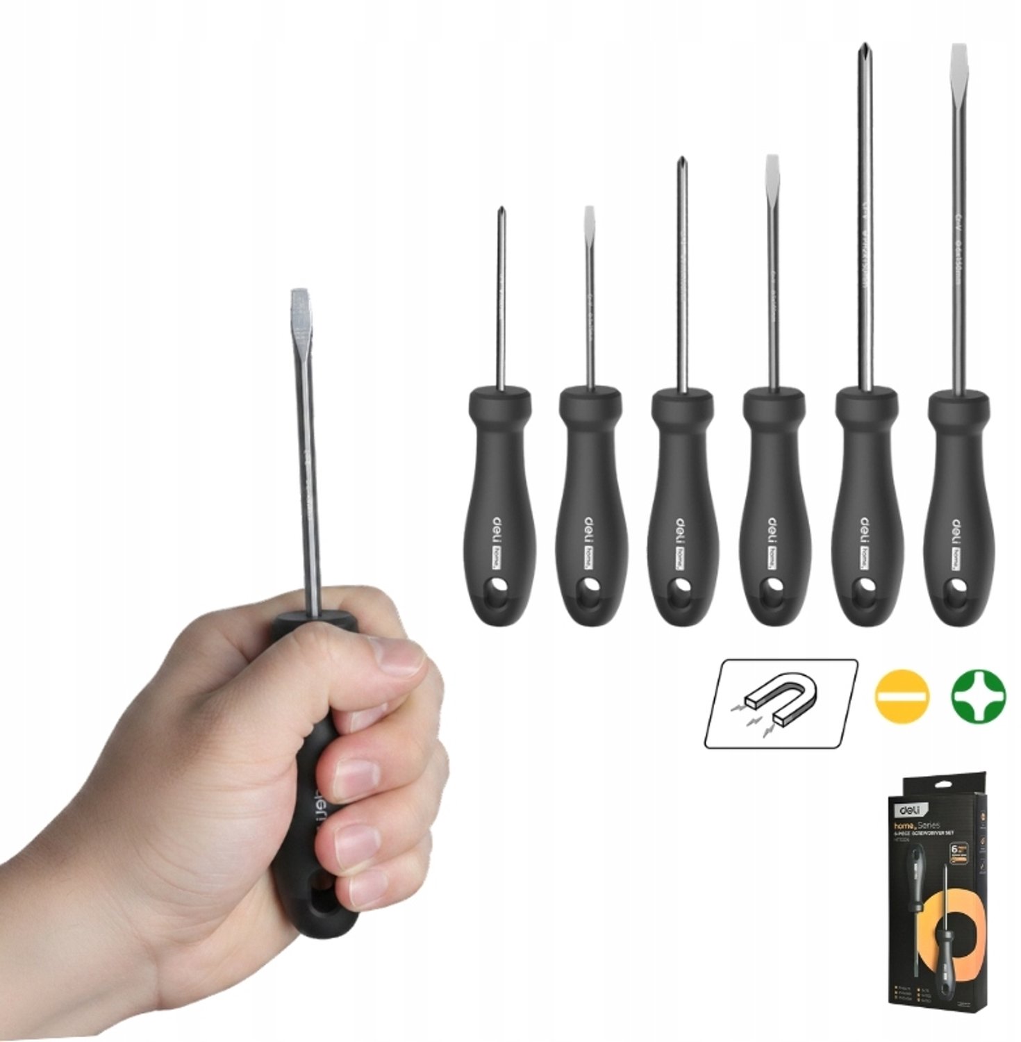 Deli Tools Schroevendraaierset 6 Delen CR-V Staal Magnetische Tips
